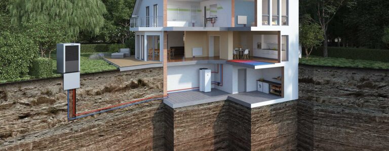 Anhand eines aufgeschnittenen Hauses wird die Funktionsweise einer Wärmepumpe dargestellt.